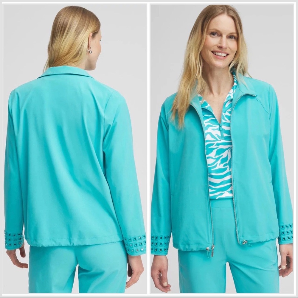 NWT Chico’s Zenergy® UPF Embroidered Eyelet Jacket Oceano Size 3/US 16 Full-Zip